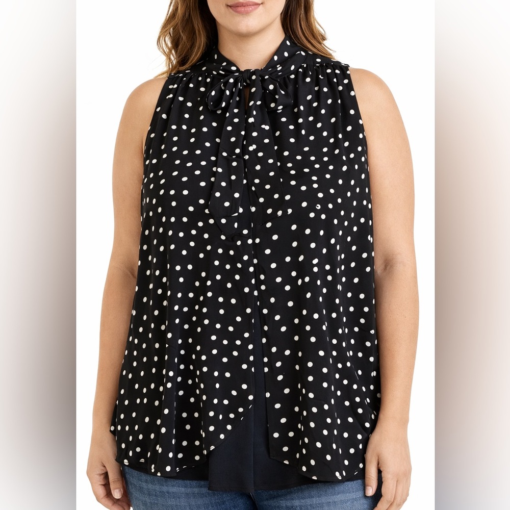 Black Polka Dot Tie-Neck Sleeveless Blouse